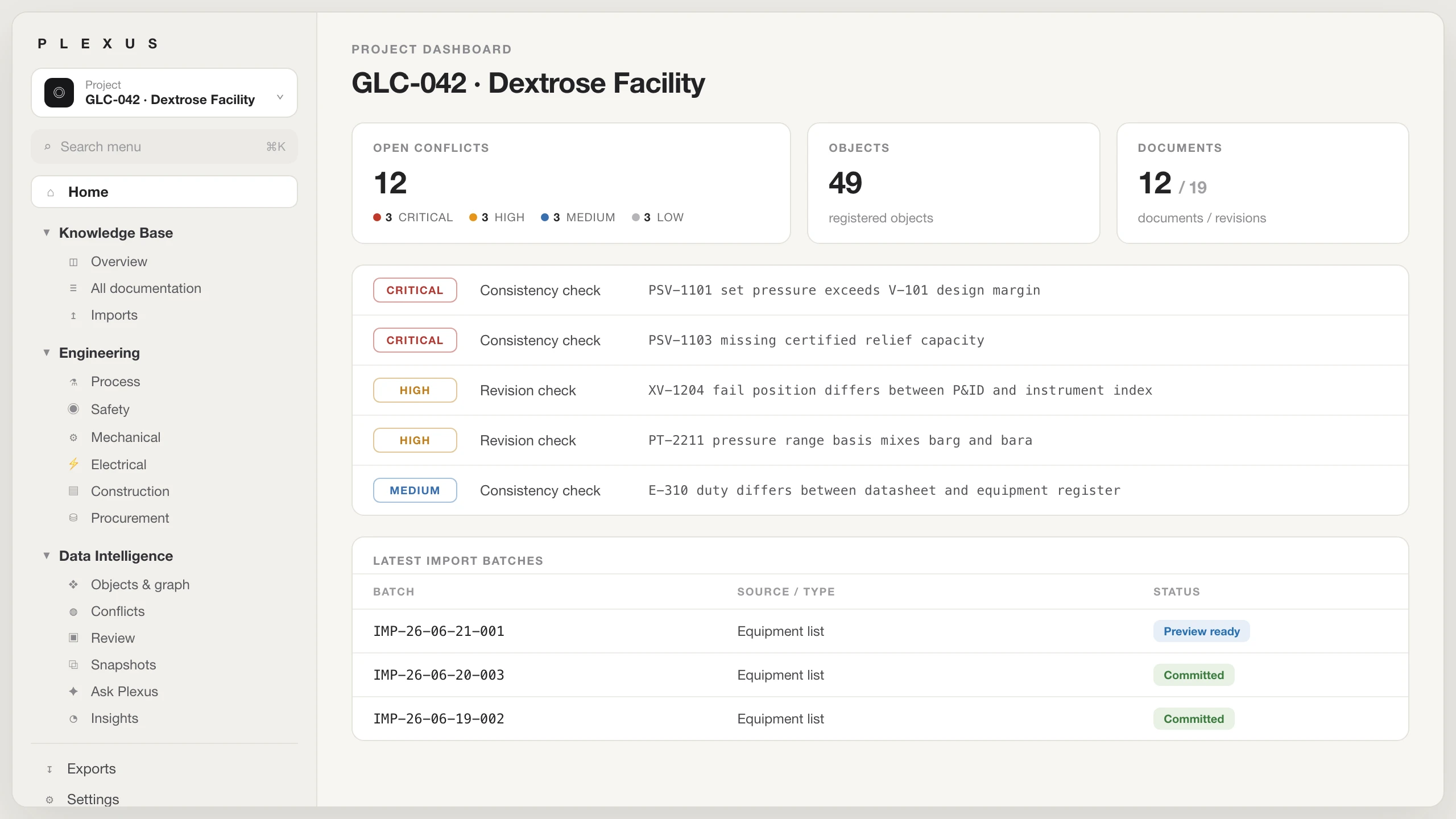 Plexus project dashboard listing open conflicts by severity with equipment tags, registered object and document counts, and the latest import batches