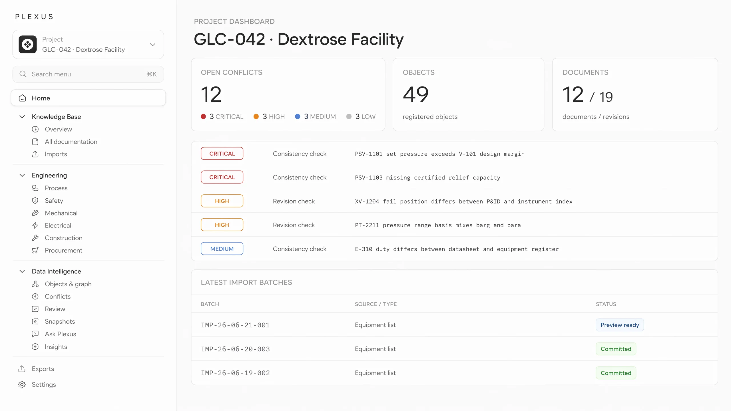 Plexus project dashboard listing open conflicts by severity with equipment tags, registered object and document counts, and the latest import batches